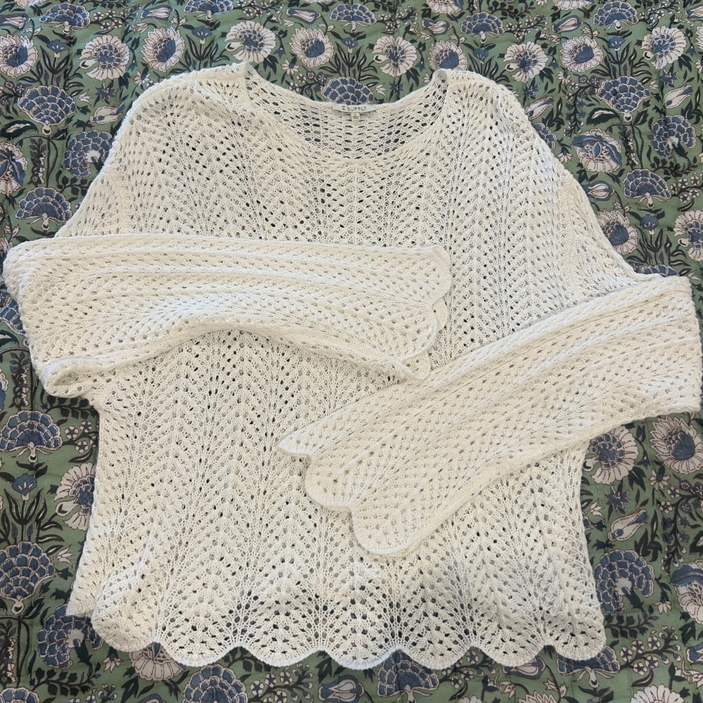 Z Supply Scalloped Hem Crochet Sweater in Cream